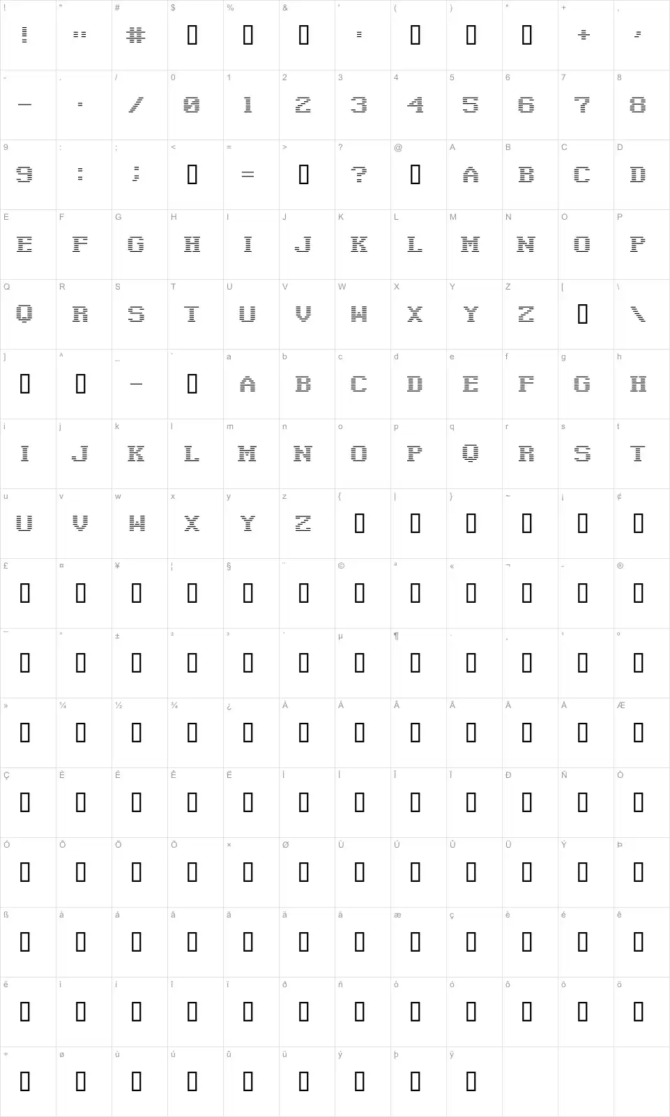 Mapa de caracteres da fonte Negative Tuning