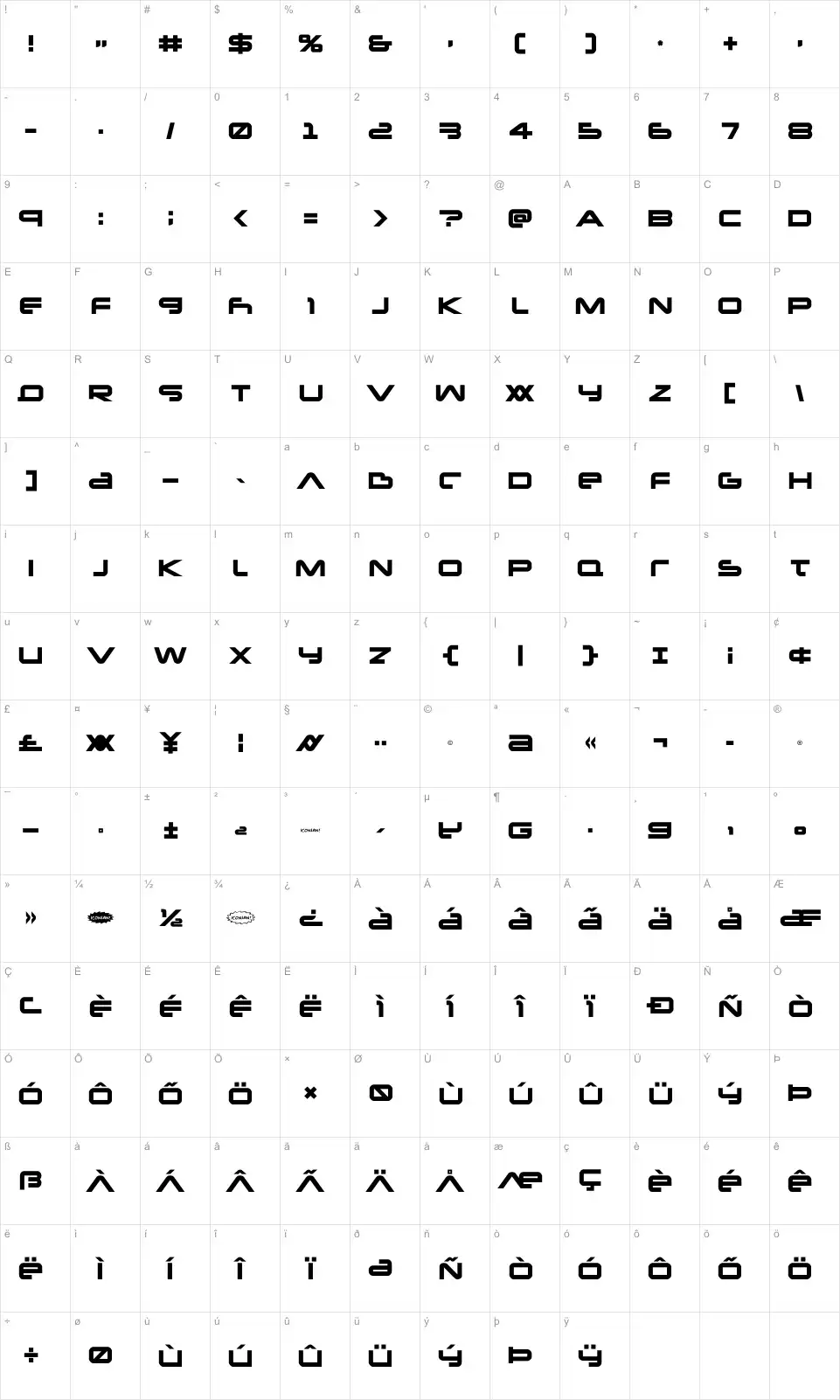 Mapa de caracteres da fonte New Mars