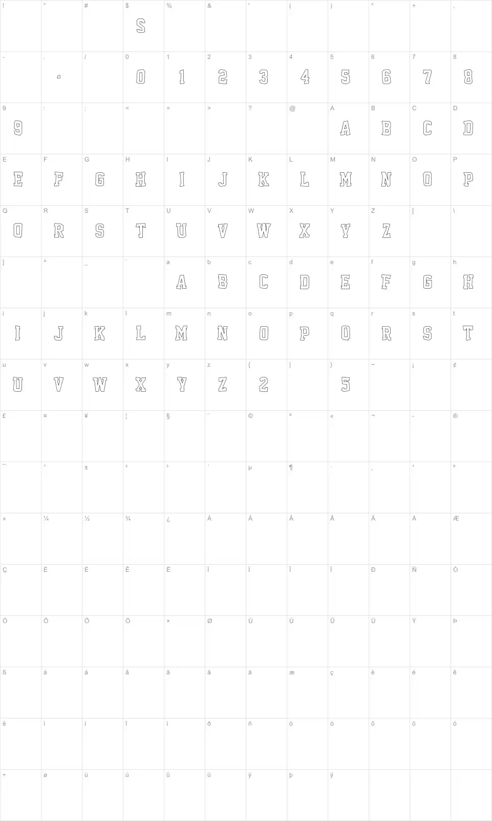 Mapa de caracteres da fonte Outcast M54