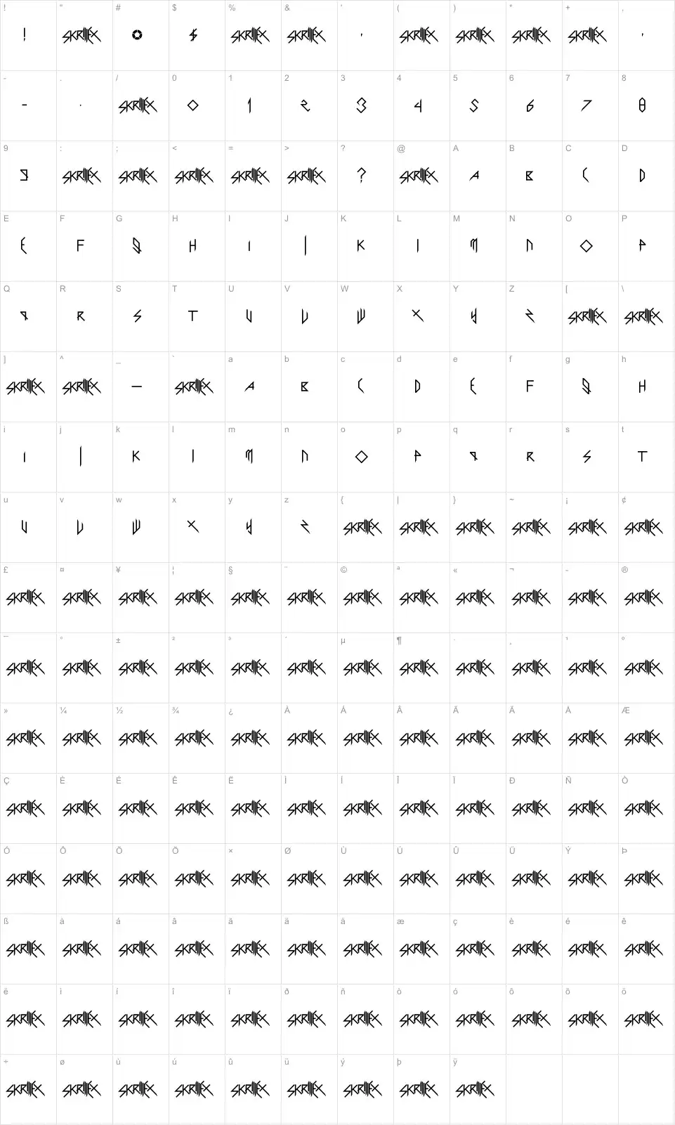 Mapa de caracteres da fonte Scary Glyphs and Nice Characters