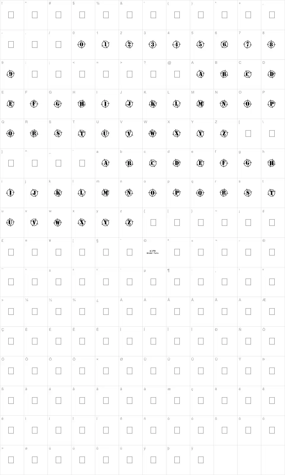 Mapa de caracteres da fonte See the Beast