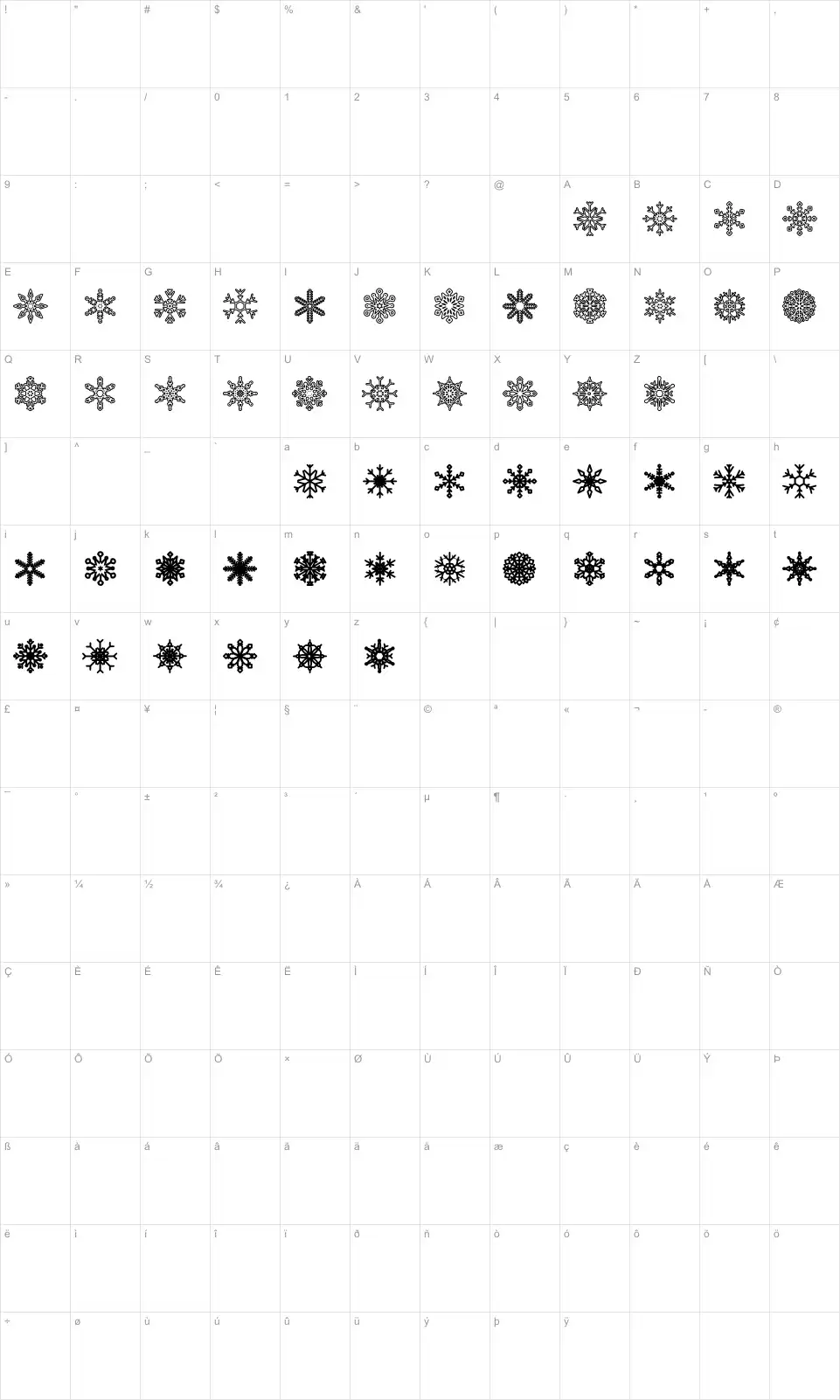 Mapa de caracteres da fonte Snowflakes St