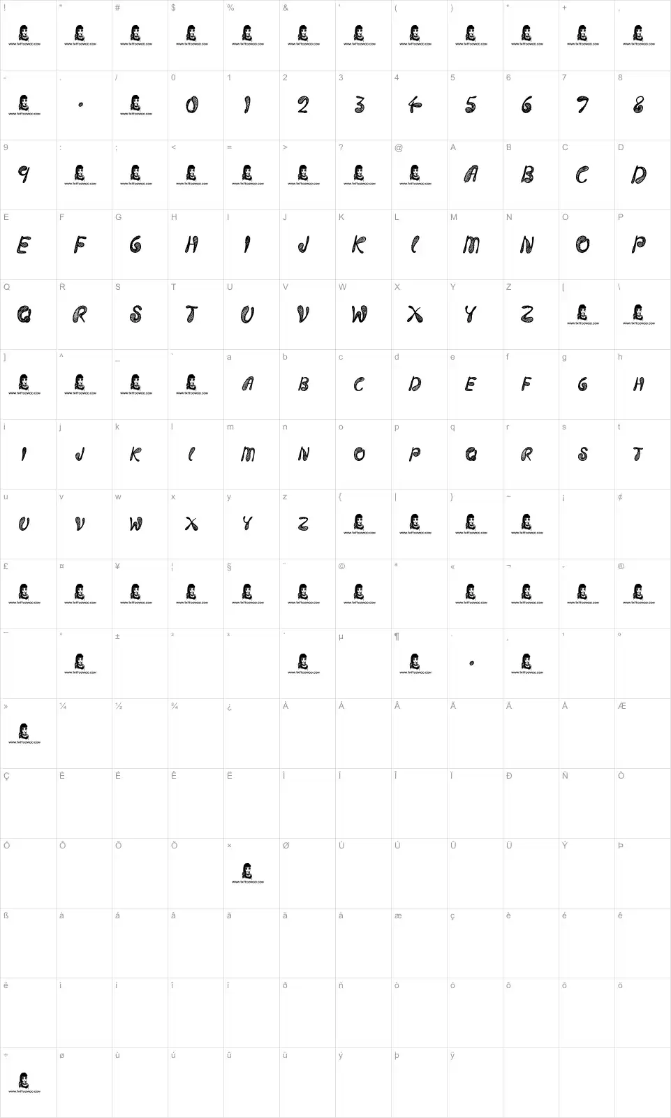 Mapa de caracteres da fonte Strings and Things