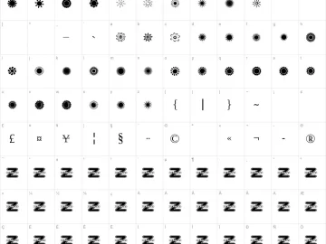 Mapa de caracteres da fonte Suns and Stars