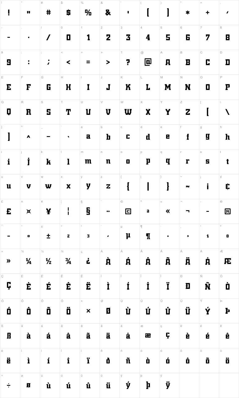 Mapa de caracteres da fonte Trump Town Pro