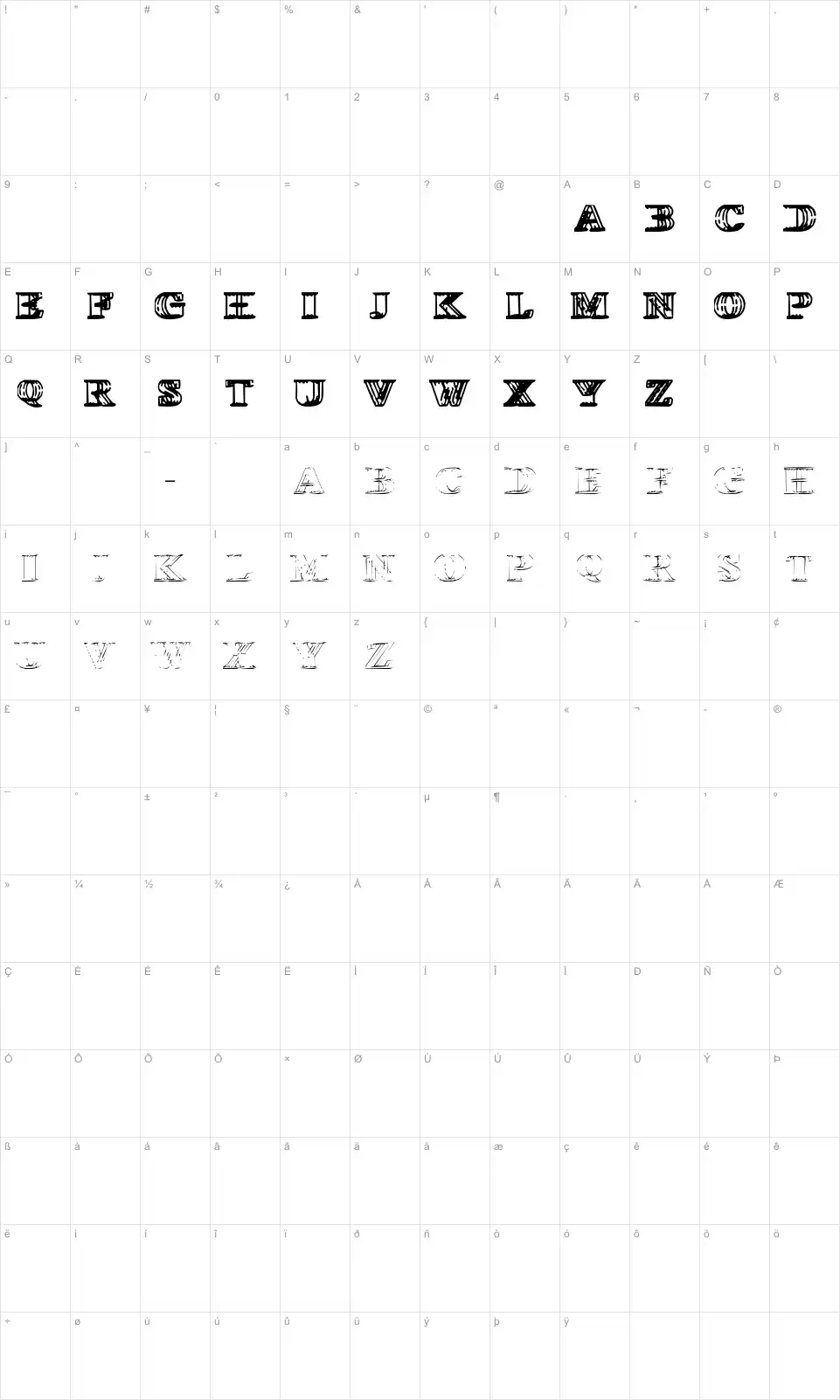 Mapa de caracteres da fonte Wireframe Davenport
