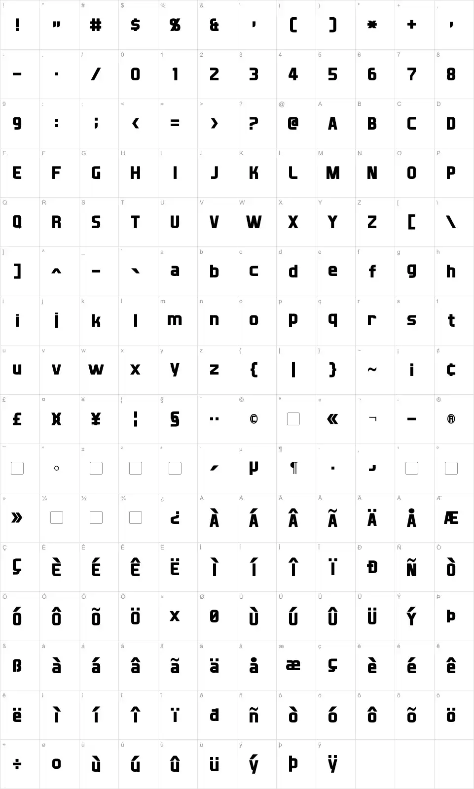 Mapa de caracteres da fonte XBall